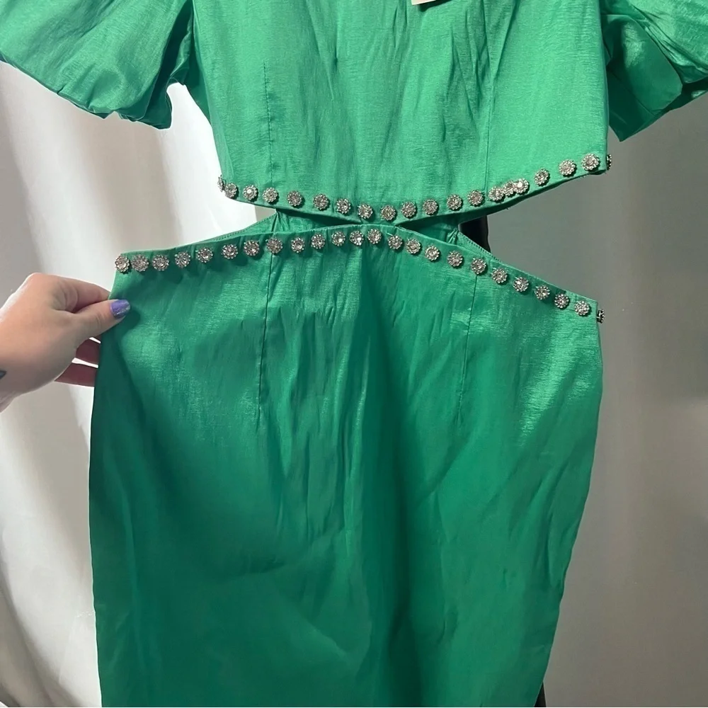 Band of Stars Green Puff Sleeve Rhinestone Cutout Dress Size 8 - Picture 7 of 13